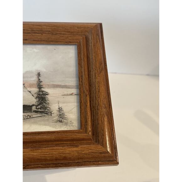 Vintage Oak Wood Frame with Winter Cabin Landscape Print Trees Snow Holiday - Picture 5 of 8